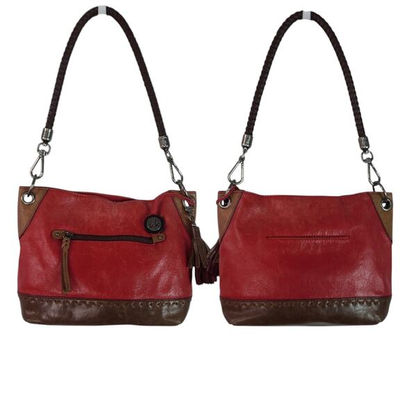 The Sak Red Leather Braided Brown Leather Strap Bag Purse Satchel - Picture 1 of 6